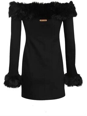 HERON PRESTON Black Off-The-Shoulder Faux Trim Minidress Size XXS NWT